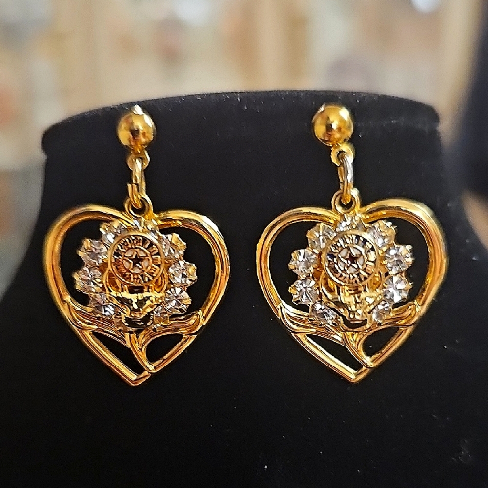 Vintage Art Nouveau Style Heart Dangling Earrings with Floral and Crystal Motif